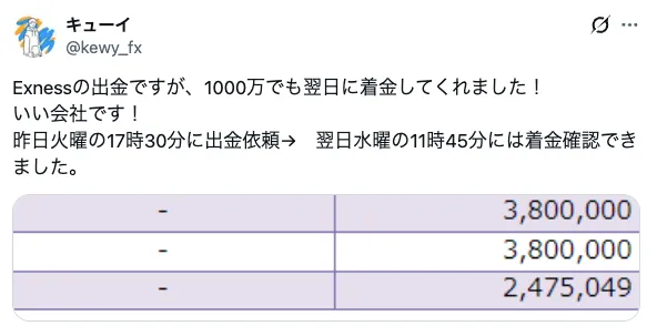 Exnessで1,000万円の高額出金が翌日に着金していた事例